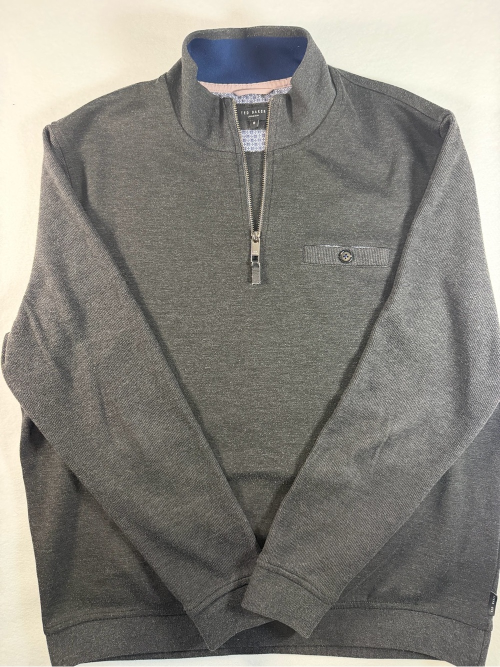 Ted Baker Men's Half-Zip Pullover Sweater in Charcoal Gray with Blue Trim